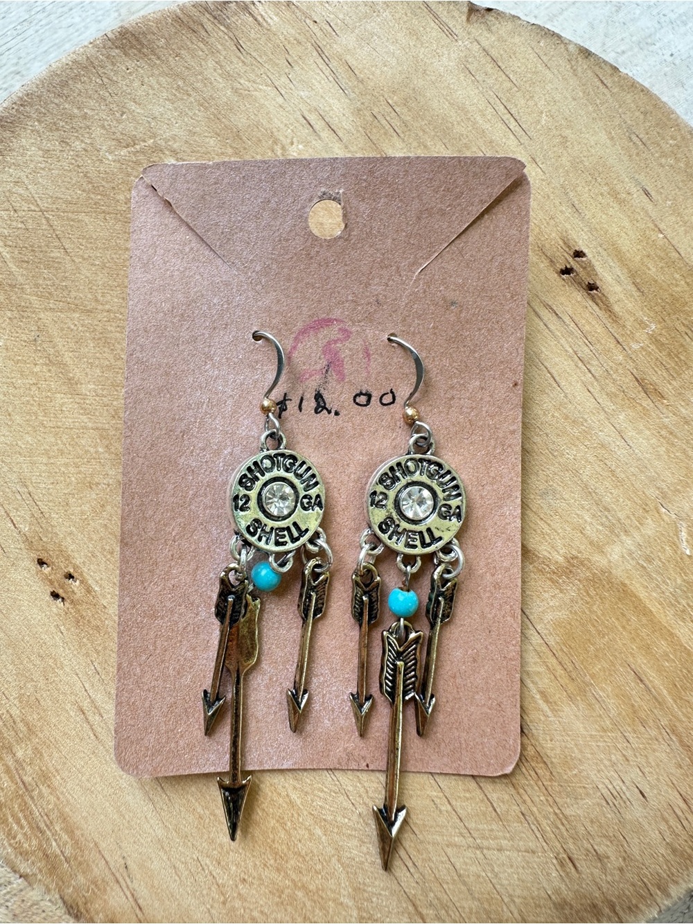 Turquoise Accent Arrowdrop Shotgun shell Earrings - Gold Tone